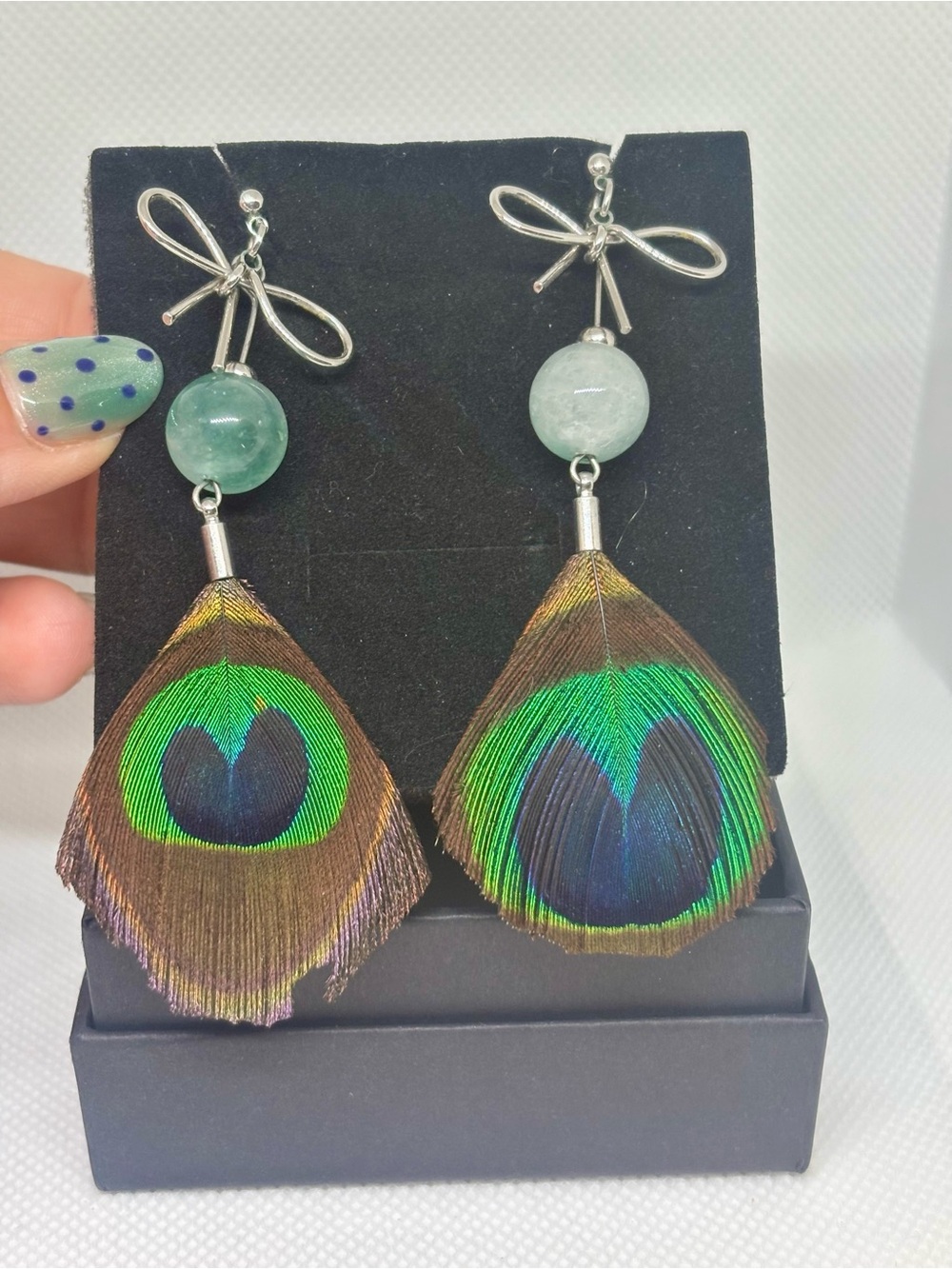 Peacock Feather Drop Earrings with Green Bead